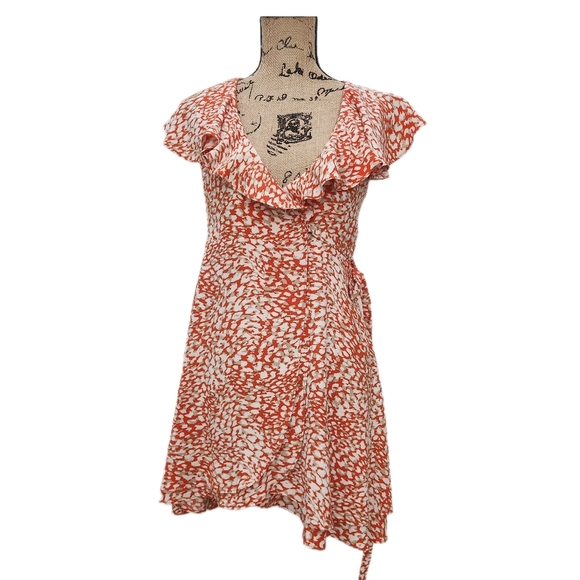 FREE PEOPLE French Quarter Wrap Mini Dress, Orange/Tan/White Print, Women's XS - Picture 6 of 13